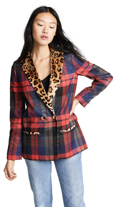 Shop Valentina Shah Claire Blazer With Leopard Trim In Royal Plaid/leopard