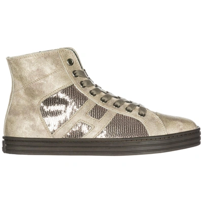 Shop Hogan Rebel Women's Shoes High Top Leather Trainers Sneakers R141 In Beige