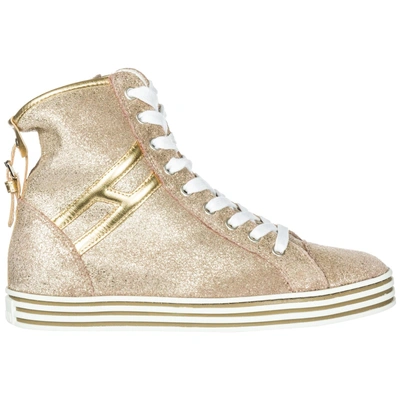 Shop Hogan Rebel Women's Shoes High Top Leather Trainers Sneakers R182 In Gold