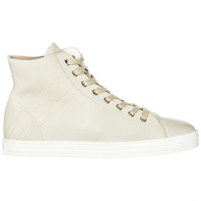 Shop Hogan Rebel Women's Shoes High Top Leather Trainers Sneakers R182 Vintage In Beige