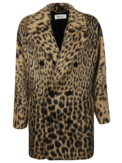 Shop Saint Laurent Fur Leopard Coat In Camel Noir