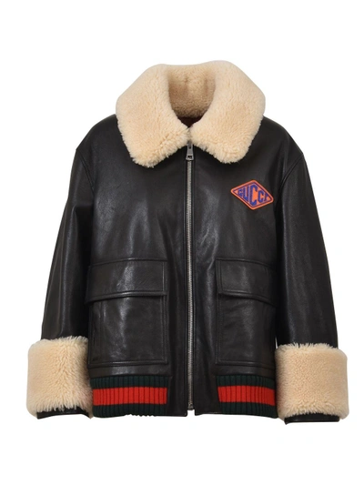 Shop Gucci Black Leather Aviator Jacket