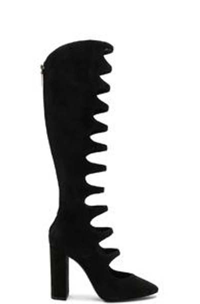 Shop Saint Laurent Suede Joplin Cutout Thigh High Boots In Black