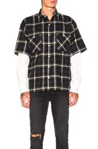 Shop Adaptation Double Sleeve Shirt In Blue,plaid. In Navy & Yellow & White