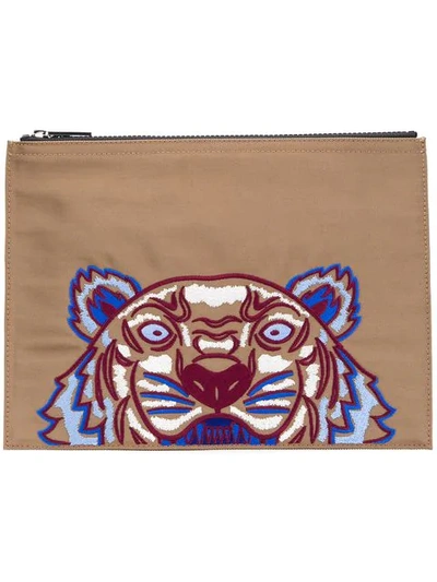 Shop Kenzo Tiger Embroidered Clutch In Brown