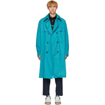 Shop Kenzo Blue Trench Coat In 68turquoise