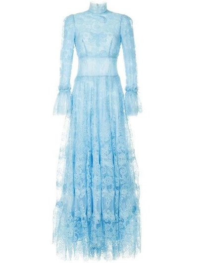 Shop Costarellos Sheer Lace Panel Gown - Blue