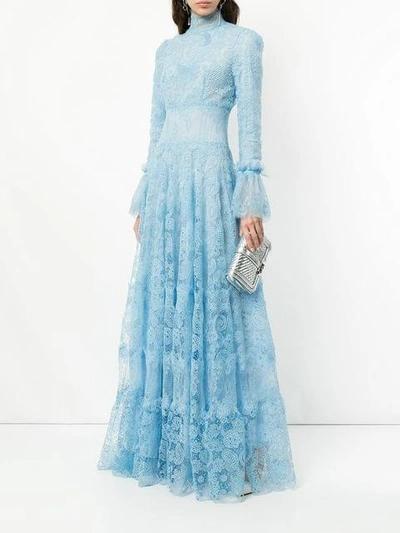 Shop Costarellos Sheer Lace Panel Gown - Blue