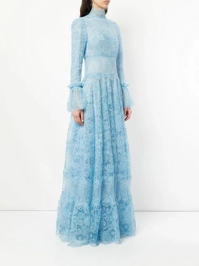 Shop Costarellos Sheer Lace Panel Gown - Blue