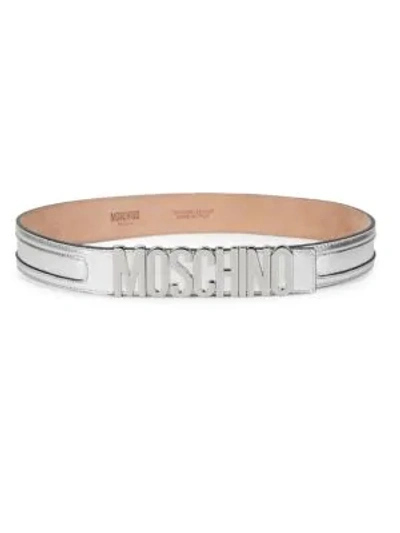 Shop Moschino Metallic Leather Logo Belt In Silver