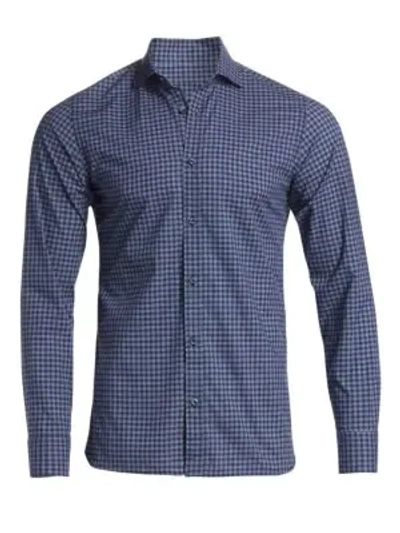 Shop Z Zegna Tonal Check Woven Cotton Shirt In Blue