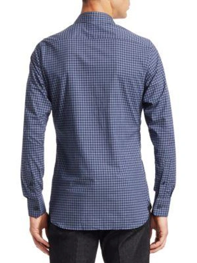 Shop Z Zegna Tonal Check Woven Cotton Shirt In Blue