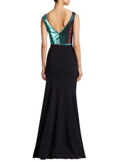 Shop Theia V-neck Lamé Mermaid Gown In Teal Black
