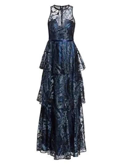 Shop Theia Metallic Tiered Ruffle Gown In Midnight