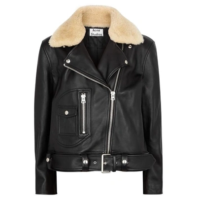 Shop Acne Studios Boxy Shearling-trimmed Leather Jacket In Black
