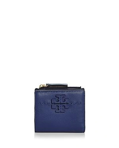 Shop Tory Burch Mcgraw Mini Foldable Leather Wallet In Bright Indigo/gold