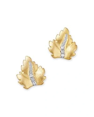 Shop Meira T 14k Yellow Gold Diamond Leaf Stud Earrings In White/gold