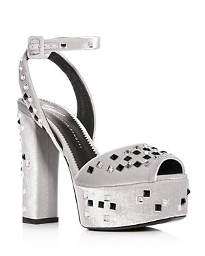 Shop Giuseppe Zanotti Women's Embellished Velvet High Block-heel Platform Sandals In Argento