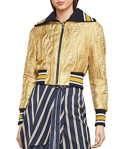 Shop Bcbgmaxazria Metallic Jacquard Varsity Jacket In Gold