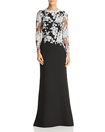 Shop Tadashi Shoji Embroidered-bodice Crepe Gown In Ivory/black