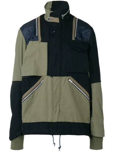 Shop Sacai Patchwork Military Jacket - Blue