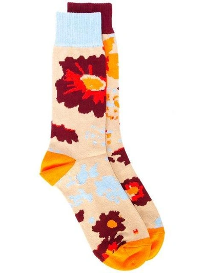 Shop Sacai Floral Knit Socks - Yellow In Yellow & Orange