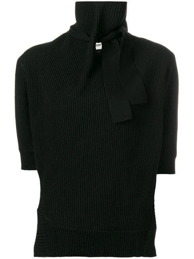 Shop Self-portrait Ribbed Pussy Bow Polo Neck In Black