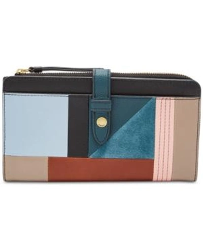 Shop Fossil Fiona Patchwork Leather & Suede Tab Wallet In Patchwork/gold