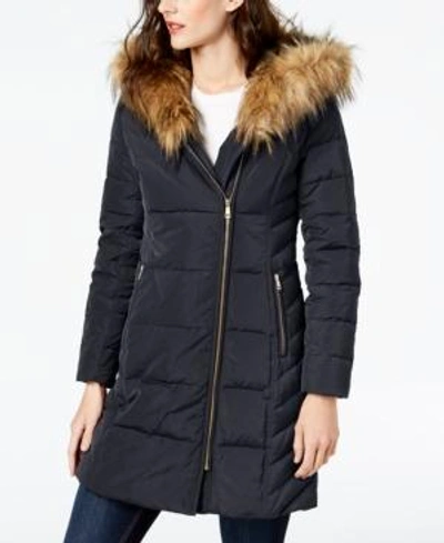 Shop Cole Haan Faux-fur-trim Hooded Asymmetrical Down Puffer Coat In Navy