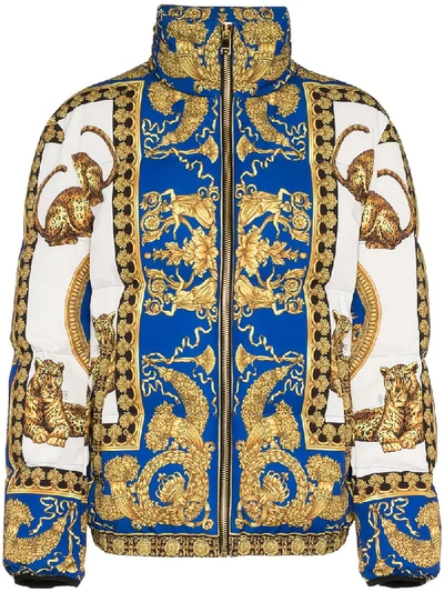 Shop Versace Signature Baroque Feather Down Puffer Jacket - Blue