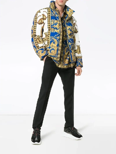 Shop Versace Signature Baroque Feather Down Puffer Jacket - Blue