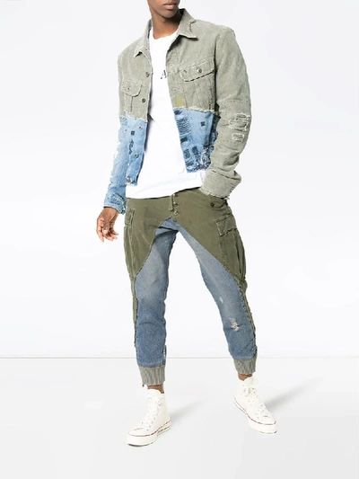 Shop Greg Lauren Denim Panel Distressed Cotton Trousers - Blue