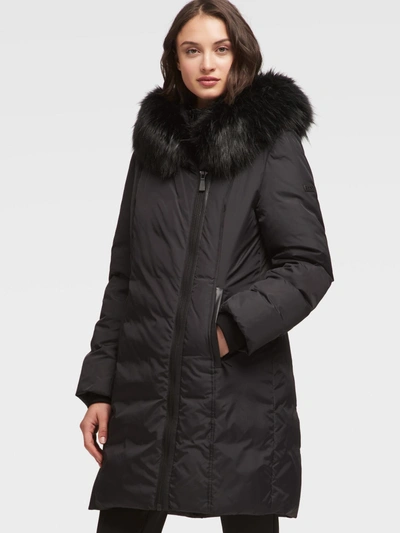 Shop Donna Karan Asymmetrical Puffer Coat With Fur Hood In Black