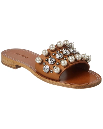 Shop Miu Miu Embellished Leather Slide Sandal In Brown