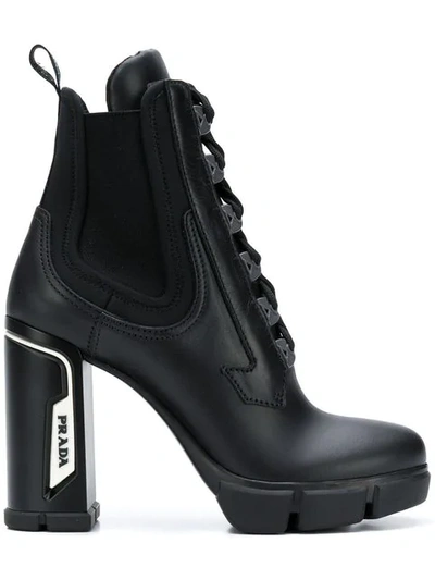 Shop Prada Logo Patch Chunky Boots - Black