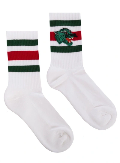 Shop Gucci Socks With Panther Face Patch In White-green