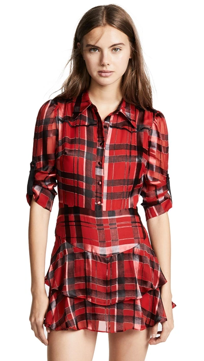 Shop Alice And Olivia Hazeline Tiered Shirtdress In Windowpane Plaid/ruby