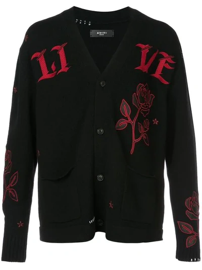 Shop Amiri Floral Embroidered Cardigan In Black