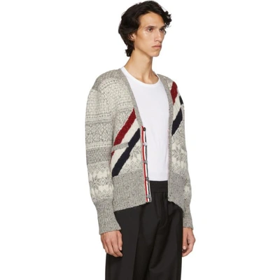 Shop Thom Browne Grey And White Diagonal Stripe Fair Isle Jacquard Cardigan In 055 Ltgrey