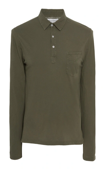 Shop Officine Generale Three-button Long Sleeve Cotton Polo In Green