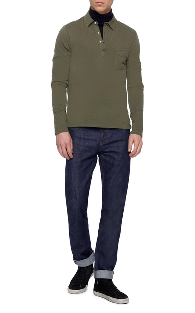 Shop Officine Generale Three-button Long Sleeve Cotton Polo In Green