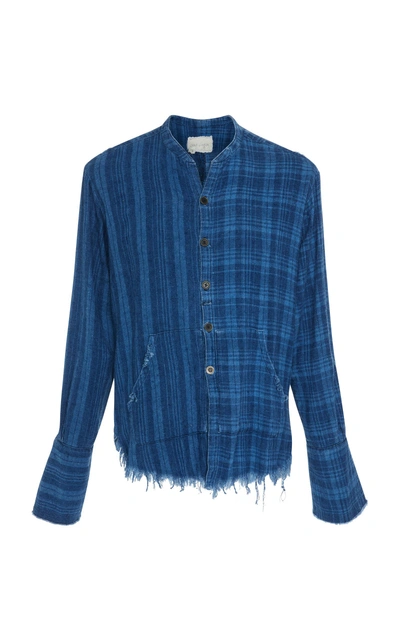 Shop Greg Lauren Frayed Plaid Shirt In Blue