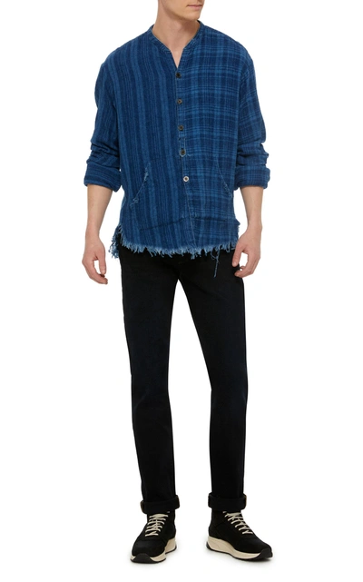 Shop Greg Lauren Frayed Plaid Shirt In Blue