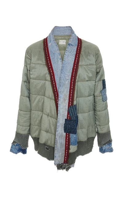 Shop Greg Lauren Patchwork-effect Distressed Quilted-shell And Denim Jacket In Green