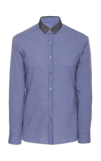 Shop Lanvin Grosgrain-trimmed Checked Cotton-poplin Shirt In Navy