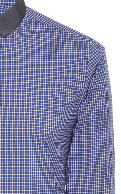 Shop Lanvin Grosgrain-trimmed Checked Cotton-poplin Shirt In Navy