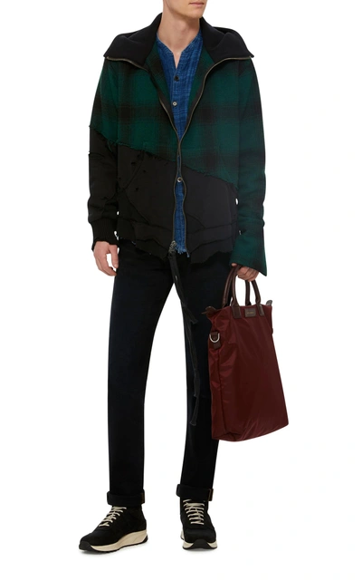 Shop Greg Lauren Distressed Plaid Wool And Cotton-jersey Hooded Track Jacket