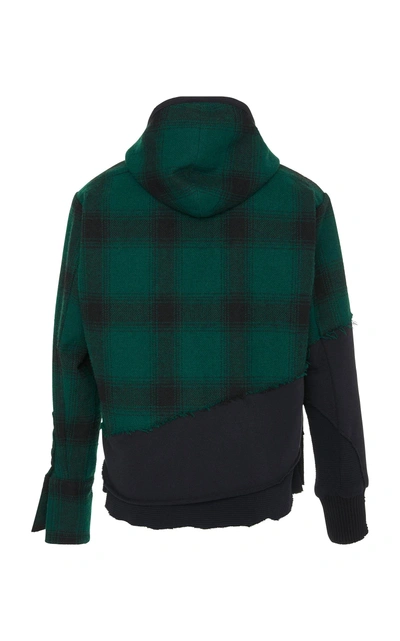 Shop Greg Lauren Distressed Plaid Wool And Cotton-jersey Hooded Track Jacket