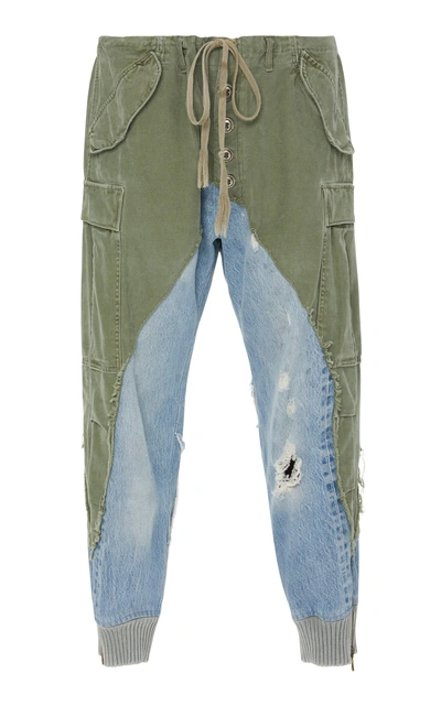 Shop Greg Lauren Paneled Canvas And Denim Tapered Pants In Green