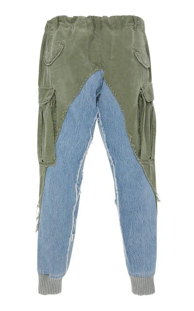 Shop Greg Lauren Paneled Canvas And Denim Tapered Pants In Green